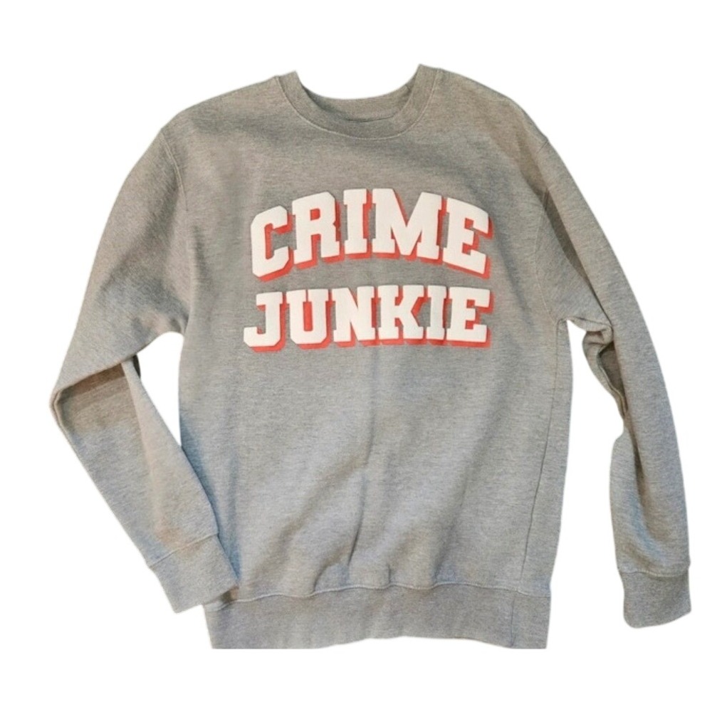 Crime Junkie Podcast Sweatshirt Womens Medium Gray Red White Puff Print Logo